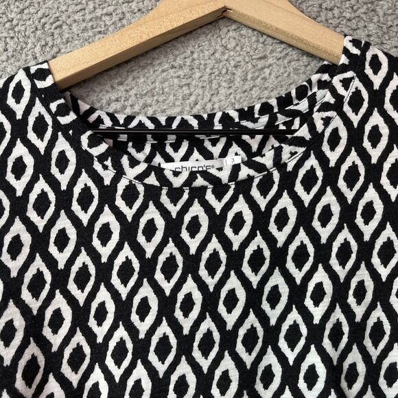 Chicos Top 3 XL Puff Sleeve Diamond Geometric Black White T-Shirt Chic Work - Picture 3 of 12